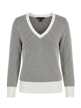 Elena Wang Black & White Textured V-Neck Pullover Sweater Size Medium